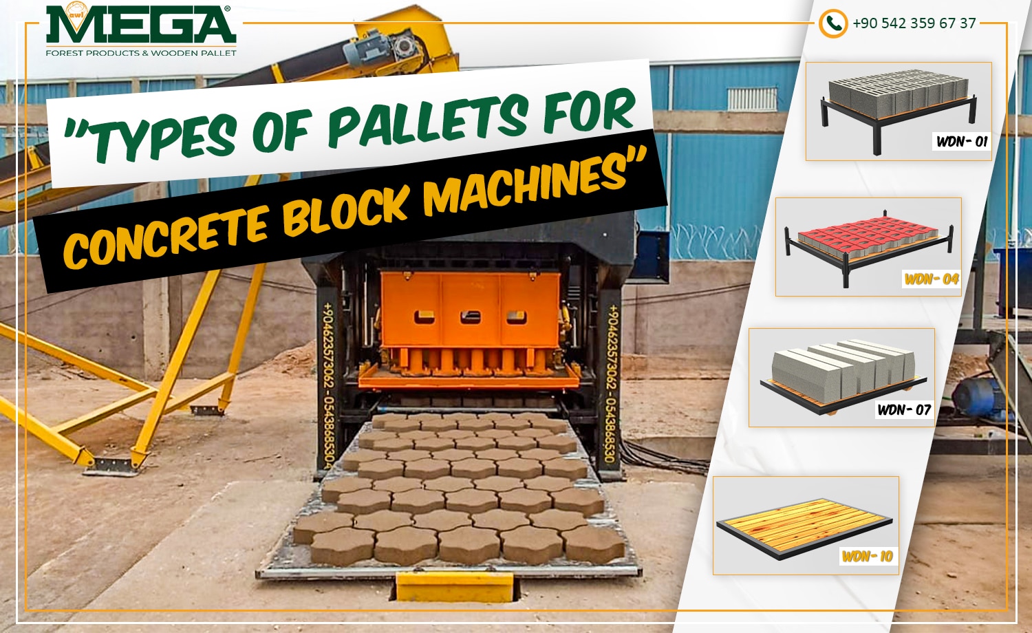 Concrete block machine and wooden pallet with paving blocks