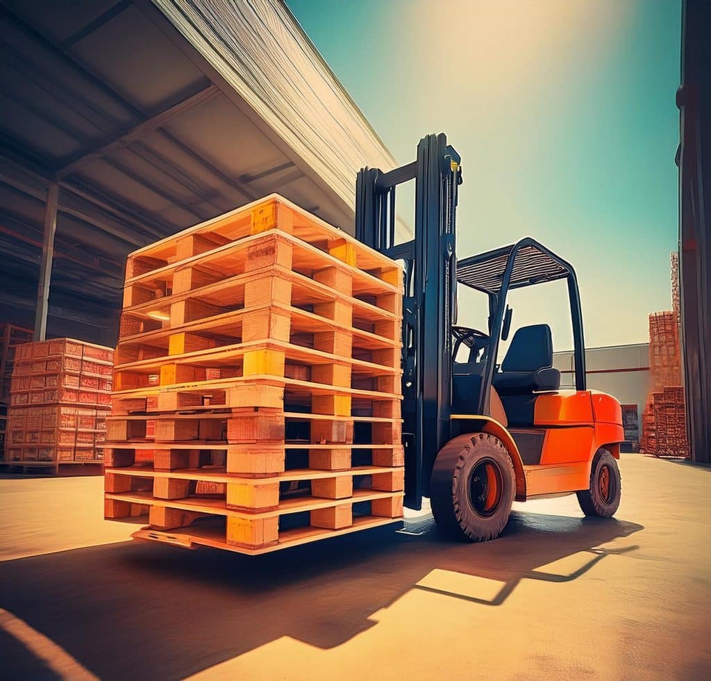 forklift carrying wooden pallets